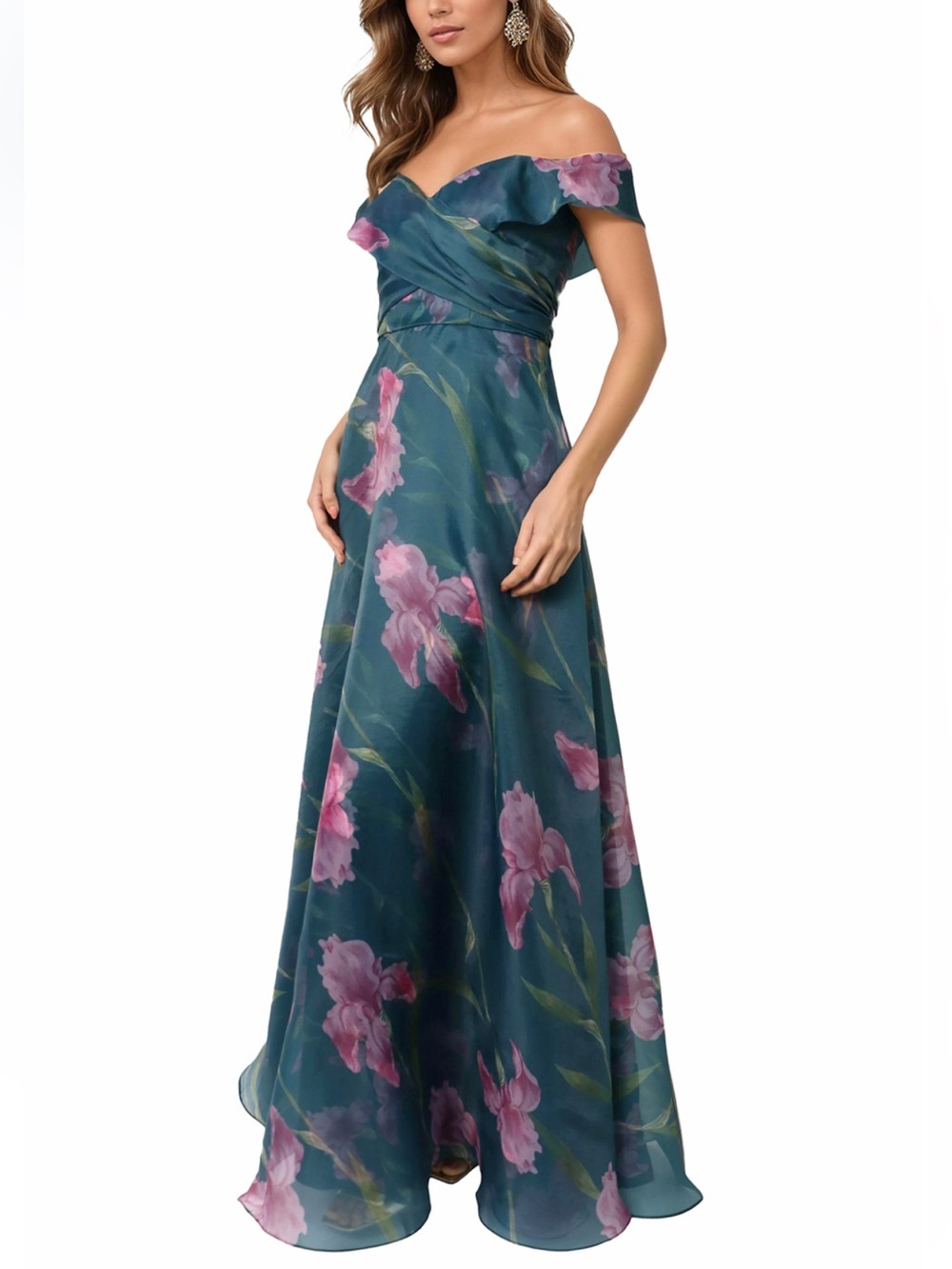 Rene Ruiz Teal off the shoulder Floral Evening Gown